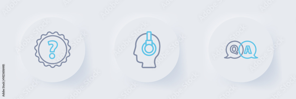 Poster set line question and answer, support operator in touch and mark icon. vector