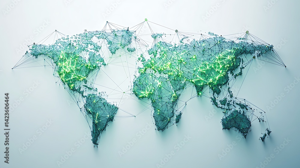 Poster world map network connecting continents with green light points