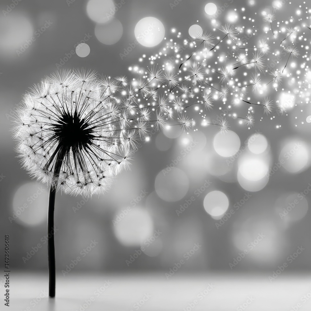 Aufkleber Dandelion Dreams: A monochrome image capturing the delicate beauty of a dandelion with bokeh lights creating a magical ambiance.