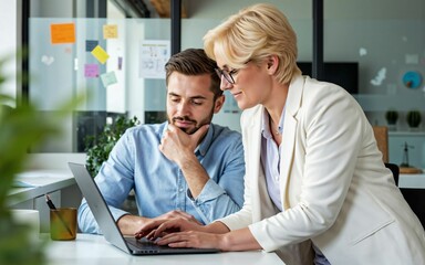 Blonde woman smiling while looking over the shoulder of a young man at a laptop screen in a bright office - a moment of teamwork, guidance, and learning in a collaborative business environment