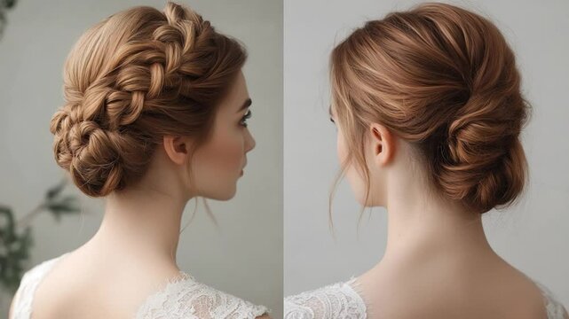 Elegant bridal updo hairstyle demonstration with a braided crown and soft waves tutorial