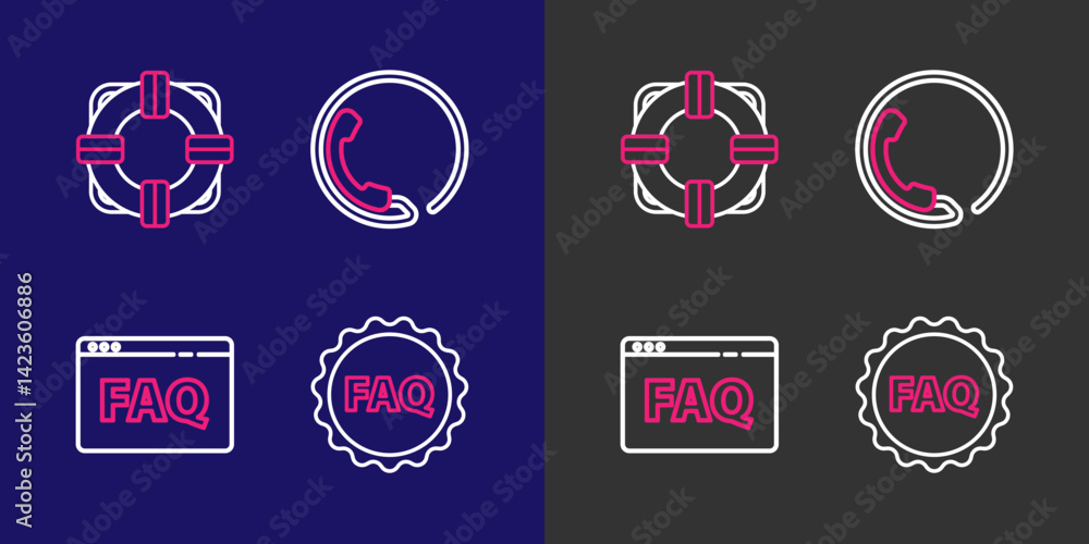 Poster set line label with text faq, browser, telephone 24 hours support and lifebuoy icon. vector
