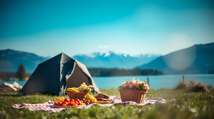 International Picnic Day, Jun 18, Different Foods with Drinks Near Tent Against Lake and Mountains, Generative Ai