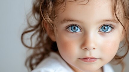 A child's portrait with a neutral background, a pure facial expression, with sparkling eyes highlighted by soft light. 
