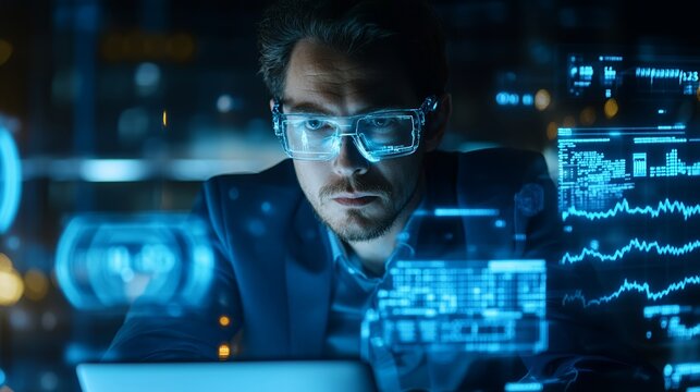 Man Wearing Augmented Reality Glasses Analyzing Data with Holographic Interface