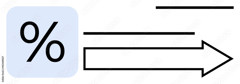 Poster percentage symbol within a square paired with an arrow pointing forward, representing progress, grow