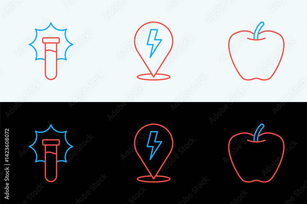 Poster set line apple, explosion in the flask and lightning bolt icon. vector