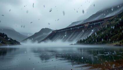 Scenic view of a dam surrounded by mountains and mist on a rainy day with droplets falling and reflecting on the water surface