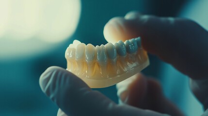 Naklejka premium Dental technician holding a set of dentures in gloved hands for dental care
