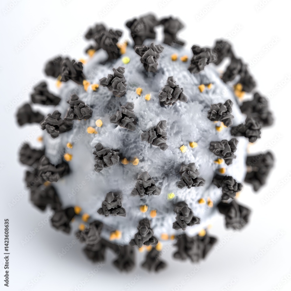 Poster a detailed, 3d representation of a virus, showcasing its structure with spikes and surface textures,