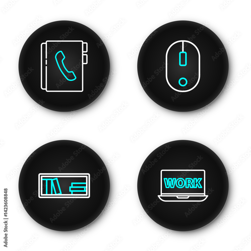 Poster set line laptop with text work, shelf books, computer mouse and address icon. vector