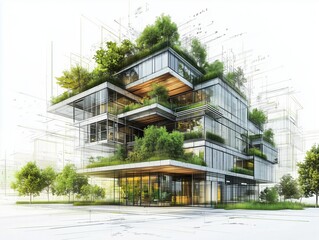 Modern eco-friendly house design merges architecture and nature with a green rooftop plan, emphasizing sustainability and a clean backdrop

