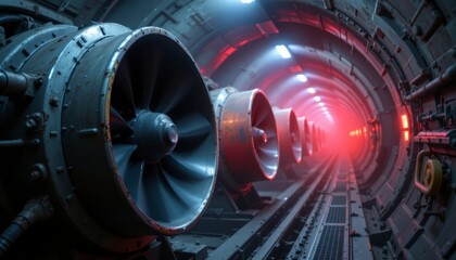 Close-Up View of Industrial Jet Engine Turbines Inside a Futuristic Tunnel with Red Neon Lighting and Metallic Texture