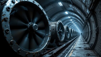 Industrial tunnel with large ventilation fans showcasing perspective and depth in an abandoned setting
