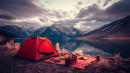 International Picnic Day, Jun 18, Different Foods with Drinks Near Tent Against Lake and Mountains, Generative Ai