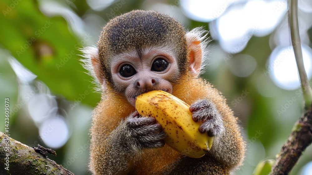 Poster a tiny squirrel monkey enjoys a ripe banana.