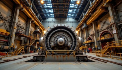 Obraz premium Massive industrial machinery inside a spacious factory with vibrant lighting and intricate design elements showcasing technology