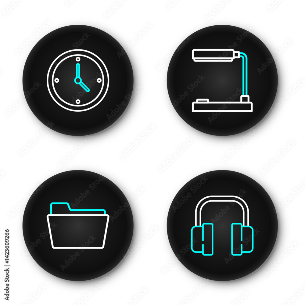 Poster set line headphones, document folder, table lamp and clock icon. vector