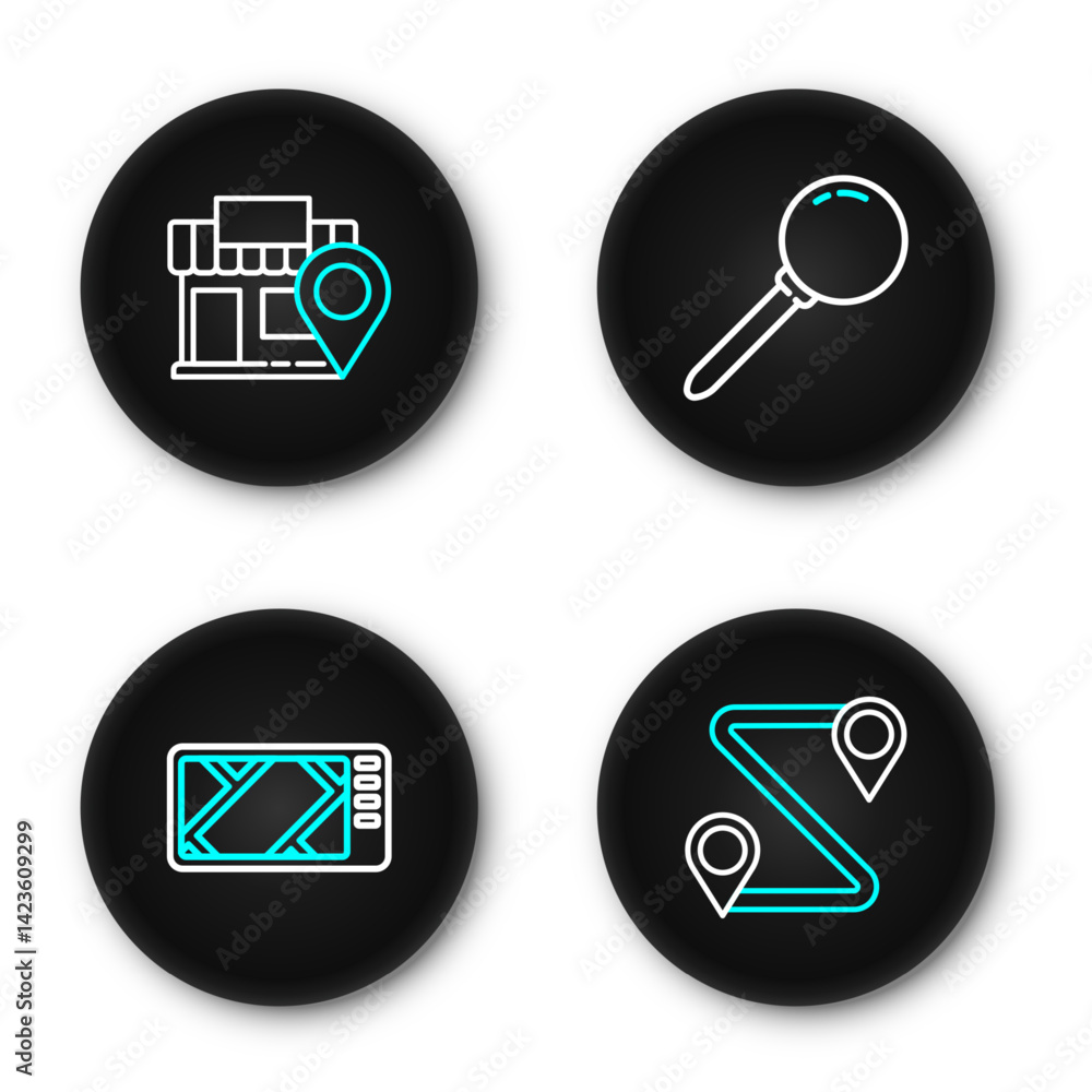 Poster set line route location, gps device with map, push pin and location store icon. vector
