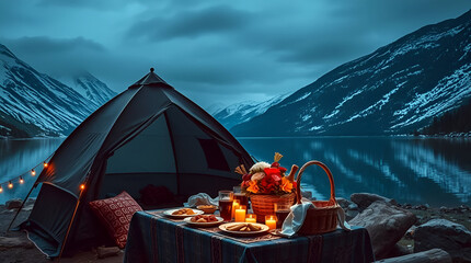 International Picnic Day, Jun 18, Different Foods with Drinks Near Tent Against Lake and Mountains, Generative Ai
