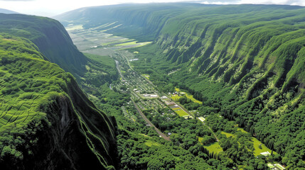 Aerial view of lush green valley between steep mountains
