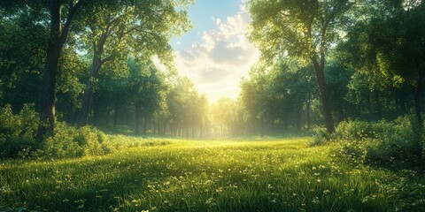 Obraz premium Sunlight filtering through trees in a serene forest during late afternoon