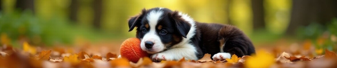 Fluffy Border Collie puppy rests, ball nestled close, forest background, eyes, playful puppy
