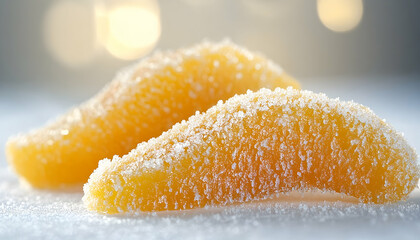 Close-up of glistening orange candy slices coated in sugar, set against a blurred festive background