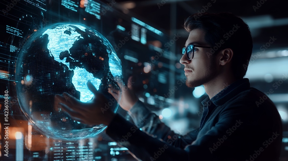 Poster man interacting with holographic globe data in futuristic tech environment