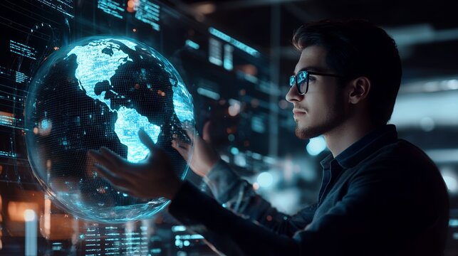 Man Interacting with Holographic Globe Data in Futuristic Tech Environment - Powered by Adobe