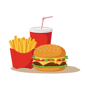 Stock vector illustration of a burger fries and drink fast food meal combo