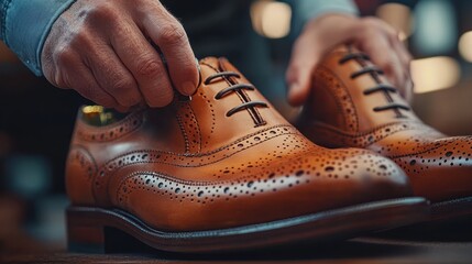 Expert hands meticulously lace traditional leather brogues.