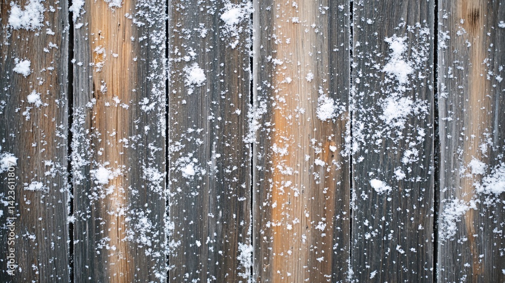 Poster snowflakes falling on rustic wooden fence creating winter background texture