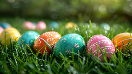 Assortment of colorful painted Easter eggs scattered in fresh green grass with a blurred sunny background. Spring holiday tradition and Easter celebration concept.
