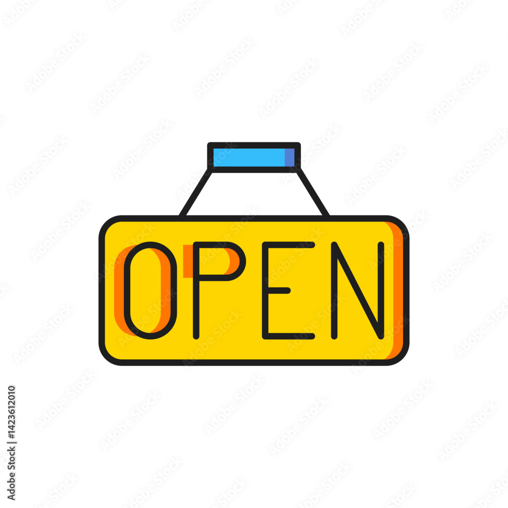 Poster color hanging sign with text open door icon isolated on white background. flat filled outline style 
