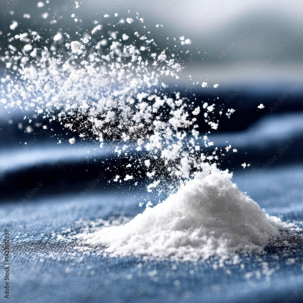 Poster powder snow: white powder cascade on blue fabric, a dynamic close-up of texture and movement in a sn