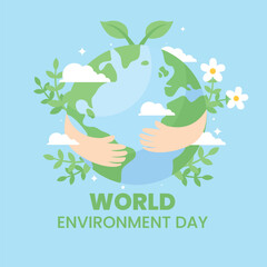 Flat Style World Environment Day Illustration – Cute Earth Hug with Leaves, Flowers, and Clouds for Eco Awareness Campaign