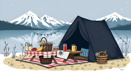 International Picnic Day, Jun 18, Different Foods with Drinks Near Tent Against Lake and Mountains, Generative Ai