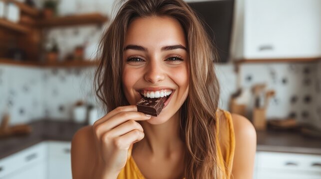 Woman enjoying chocolate in kitchen
