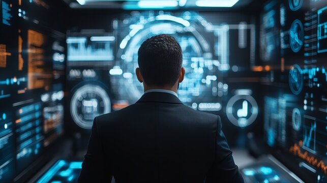 Man in Suit Viewing Complex Data Analysis Dashboard and Digital Interface - Powered by Adobe