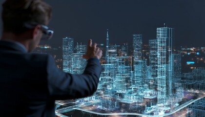 Architect showcasing smart city design with ar urban environment futuristic view
