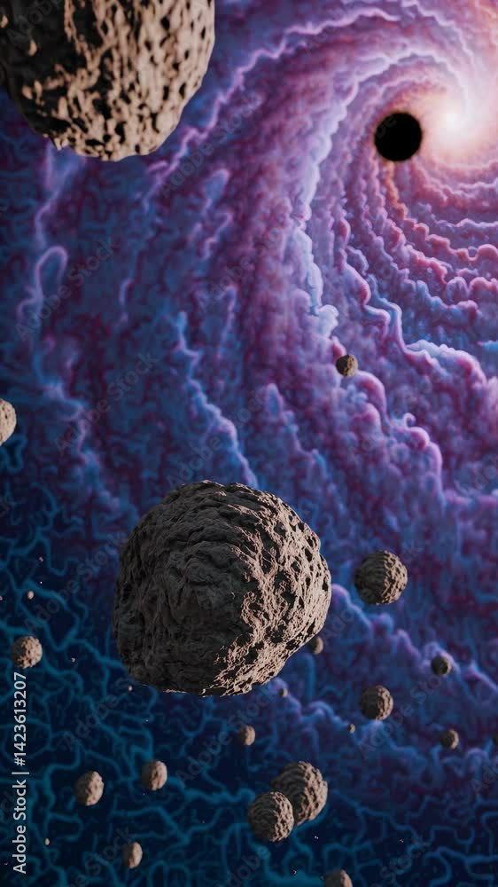 Poster a surreal cosmic scene with asteroids floating towards a swirling vortex. low-angle view, reminiscen