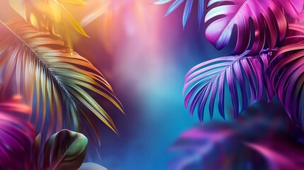 Tropical neon jungle background with palm and monstera leaves