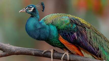 Obraz premium A bird with iridescent feathers is perched on a tree branch.