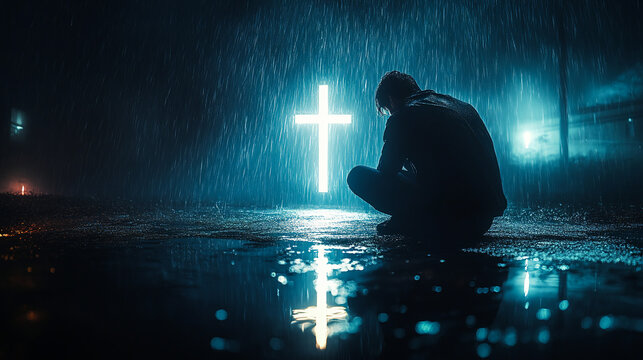 Man, god and rain with depressed for mercy with plead or cry for help with test of faith with glow cross. Mental health, doubt or loss with grief, hopeless and trouble with spiritual crisis outside 