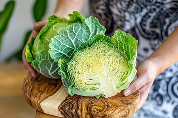 Obraz premium Fresh green cabbage on wooden cutting board held by caucasian female adult