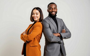 Confident young Asian woman and young African man business team standing back to back with arms crossed and smiling at the camera against a white background - a portrait symbolizing diversity, collabo