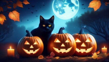 Halloween-Kürbisse mit leuchtenden Gesichtern, daneben sitzt eine schwarze Katze