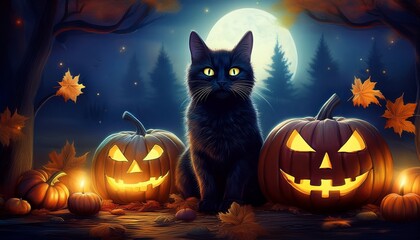 Halloween-Kürbisse mit leuchtenden Gesichtern, daneben sitzt eine schwarze Katze
