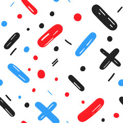 Seamless geometric pattern with solid black organic irregular shapes chaotically scattered, black red and blue colors, isolated on white background